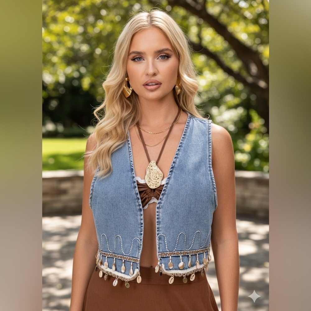 Boho Denim Vest with Shell Accents
